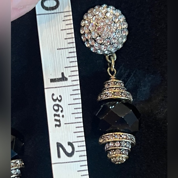 Vtg Heidi Daus Rhinestone Drop Pierced Earrings with black faceted glass NIB - Picture 7 of 8